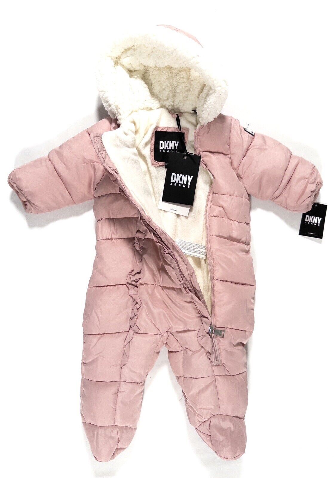 DKNY JEANS Baby Girls Pink Hooded Snowsuit All in one Size UK 6-9 Months