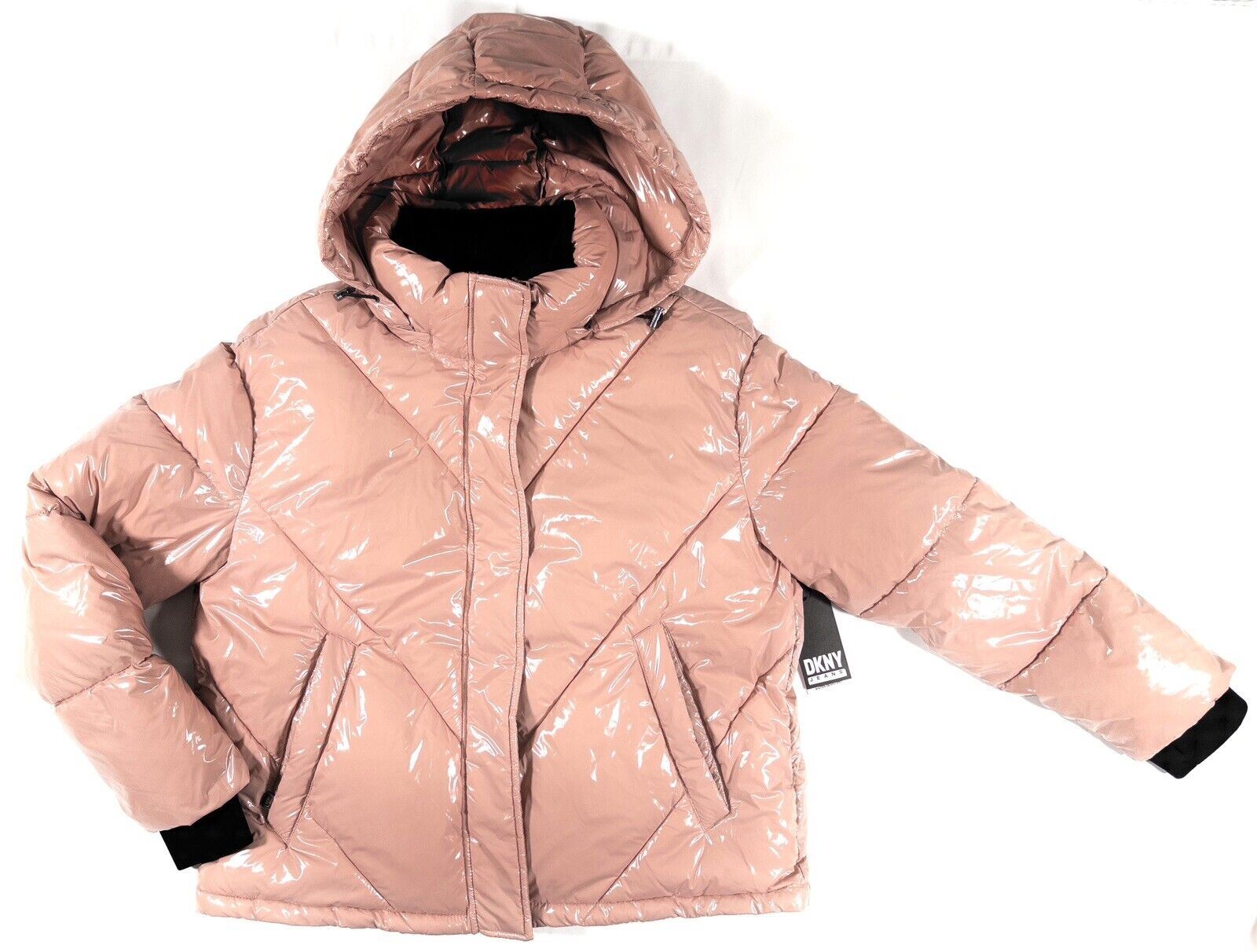 DKNY JEANS Women's Pink High Shine Hooded Puffer Coat Size UK 12