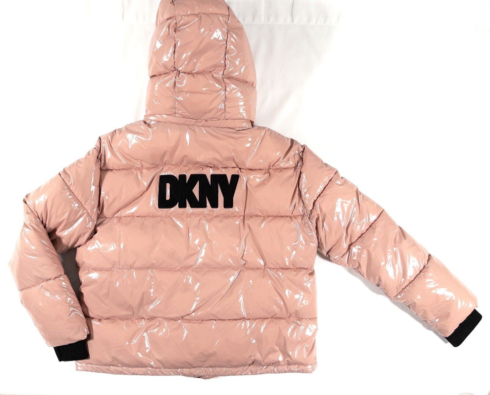 DKNY JEANS Women's Pink High Shine Hooded Puffer Coat Size UK 12