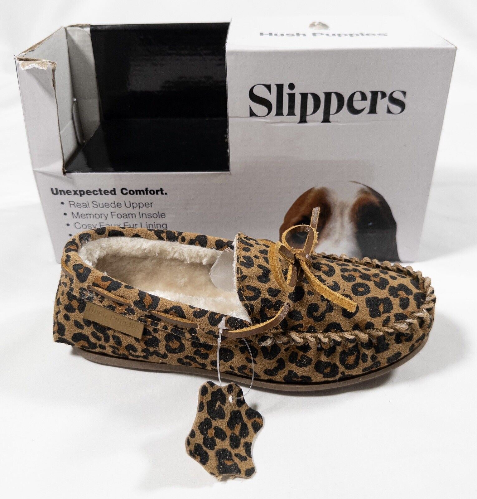 HUSH PUPPIES Womens Tan Leopard Print Slippers Leather Size UK 3 *Damaged box*