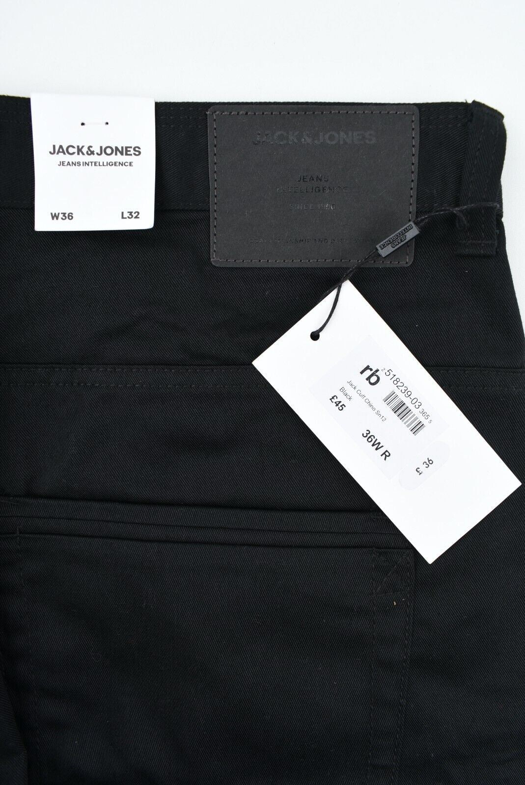 JACK & JONES Mens Cuffed Leg Twill Chinos Pants, Black, Loose Fit, size W36 L32