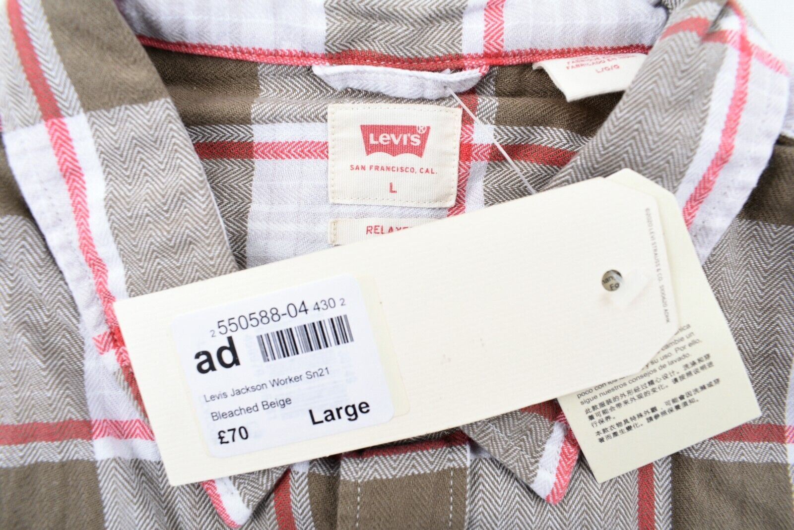 LEVI'S Mens Jackson Checked Worker Shirt, Relaxed Fit, Multicoloured, size LARGE