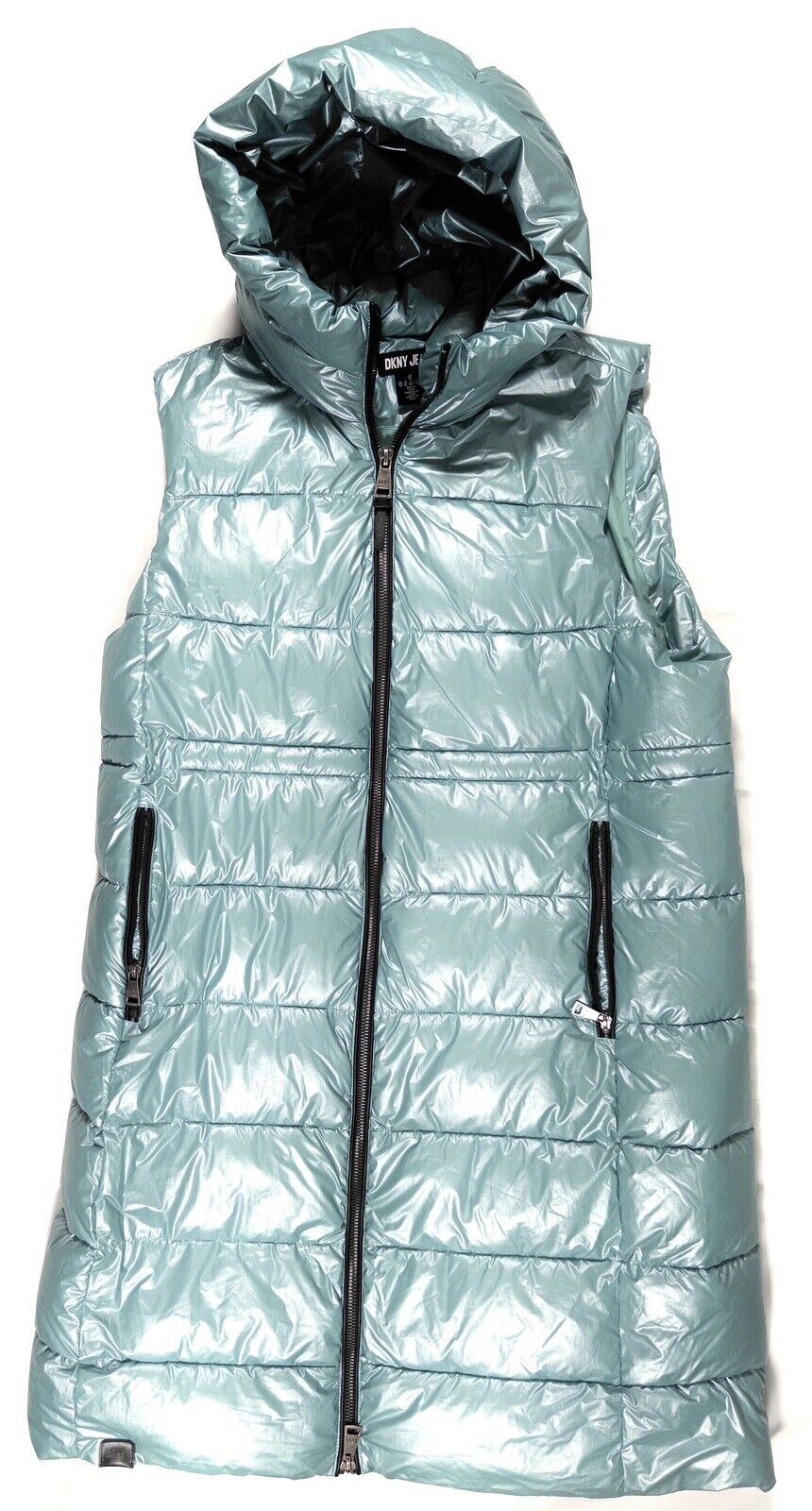 DKNY JEANS Women's Turquoise High Shine Mid Length Puffer Gilet Size UK 20