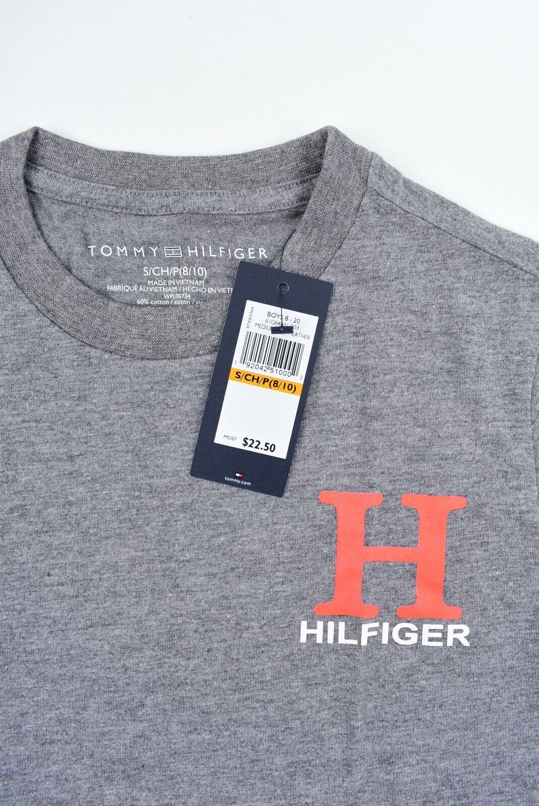 TOMMY HILFIGER Boys Kids Crew Neck T-shirt, Grey Heather, size 8-10 years