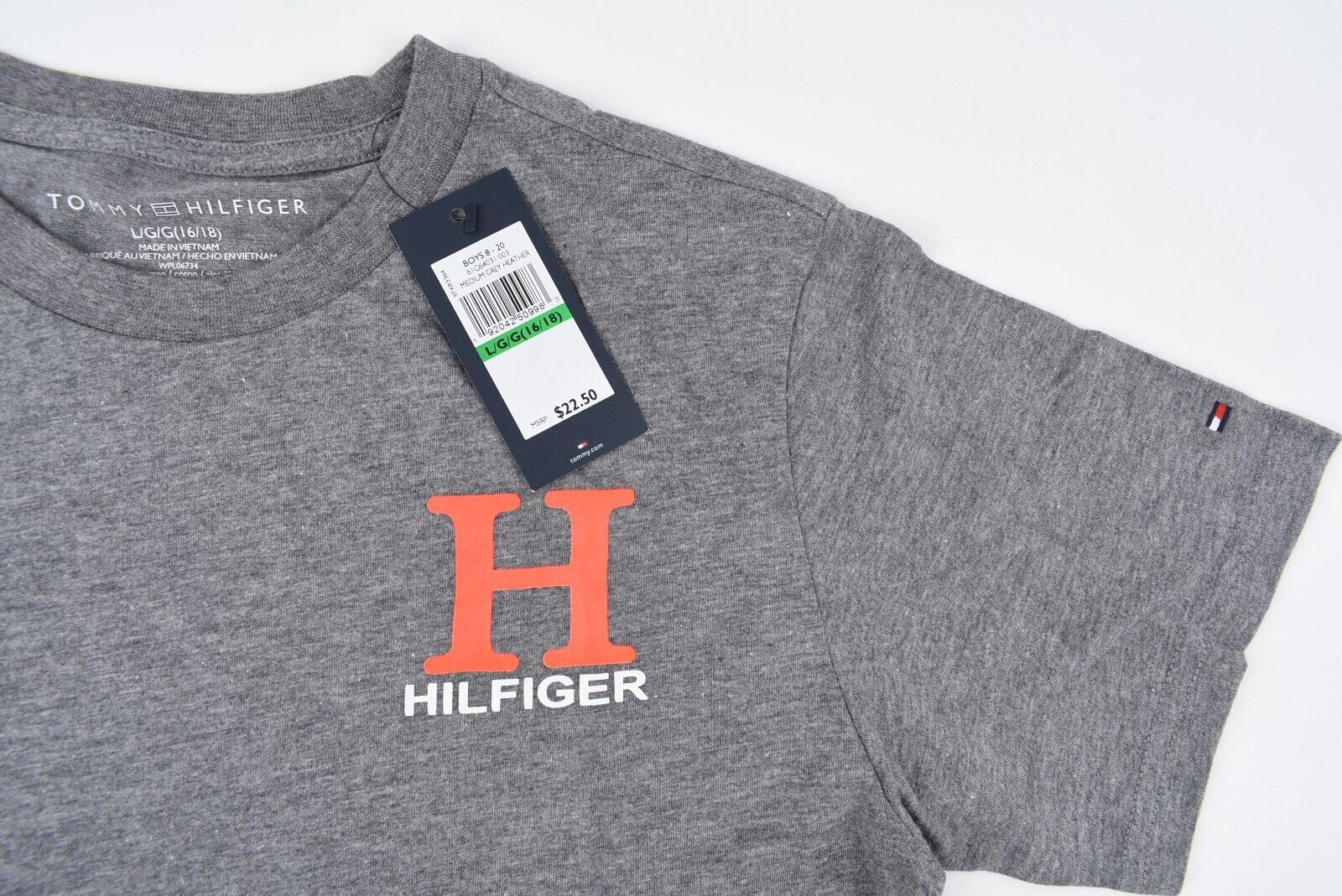 TOMMY HILFIGER Boys Kids Crew Neck T-shirt, Grey Heather, size 16-18 years