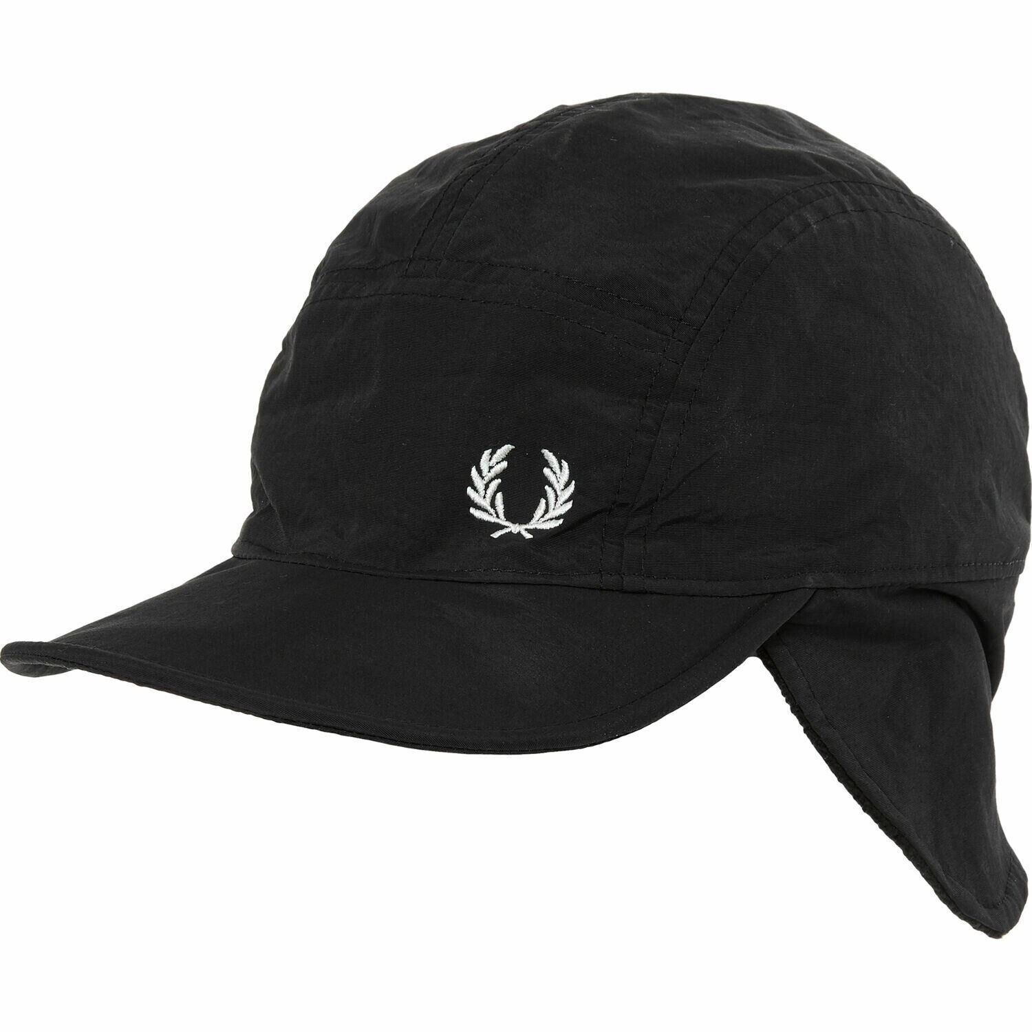 FRED PERRY Mens Ear Flap Cap, Black Nylon, Fleece Lined, One Size