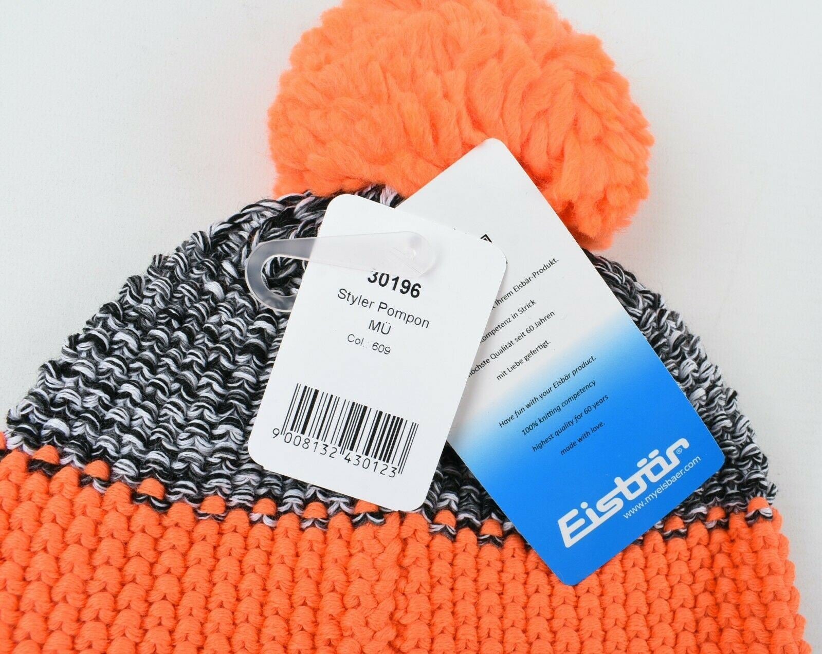 Women's EISBAR Styler Pompon Ski Winter Pom Pom Hat Merino Wool Grey/Orange