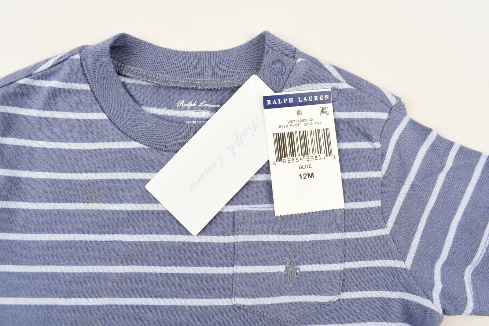 RALPH LAUREN Baby Boys' Crew Neck T-shirt, Blue Striped, 9 m /18 m /24 months