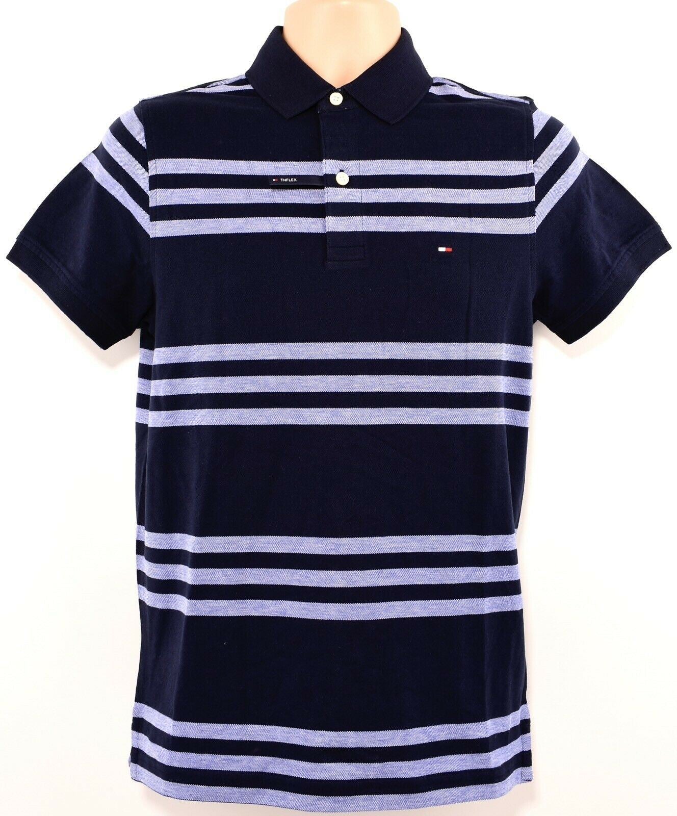 TOMMY HILFIGER Men's TH FLEX Slim Fit Striped Polo Shirt, Blue, size S, size M