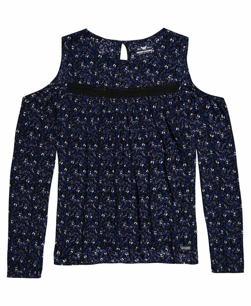 SUPERDRY Women's FERN Cold Shoulder Blouse Top Splattered Floral Navy, size XS