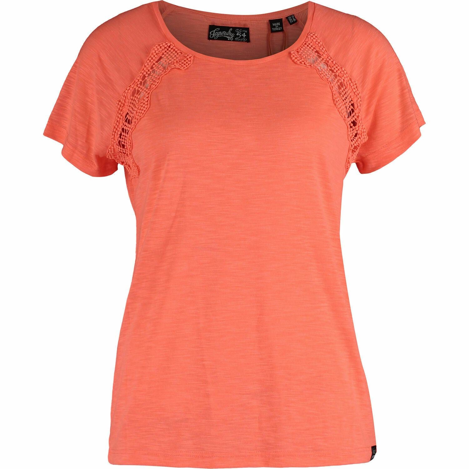 SUPERDRY Women's ELIZABETH Lace Tee Top, Fluro Coral, size XS / UK 8