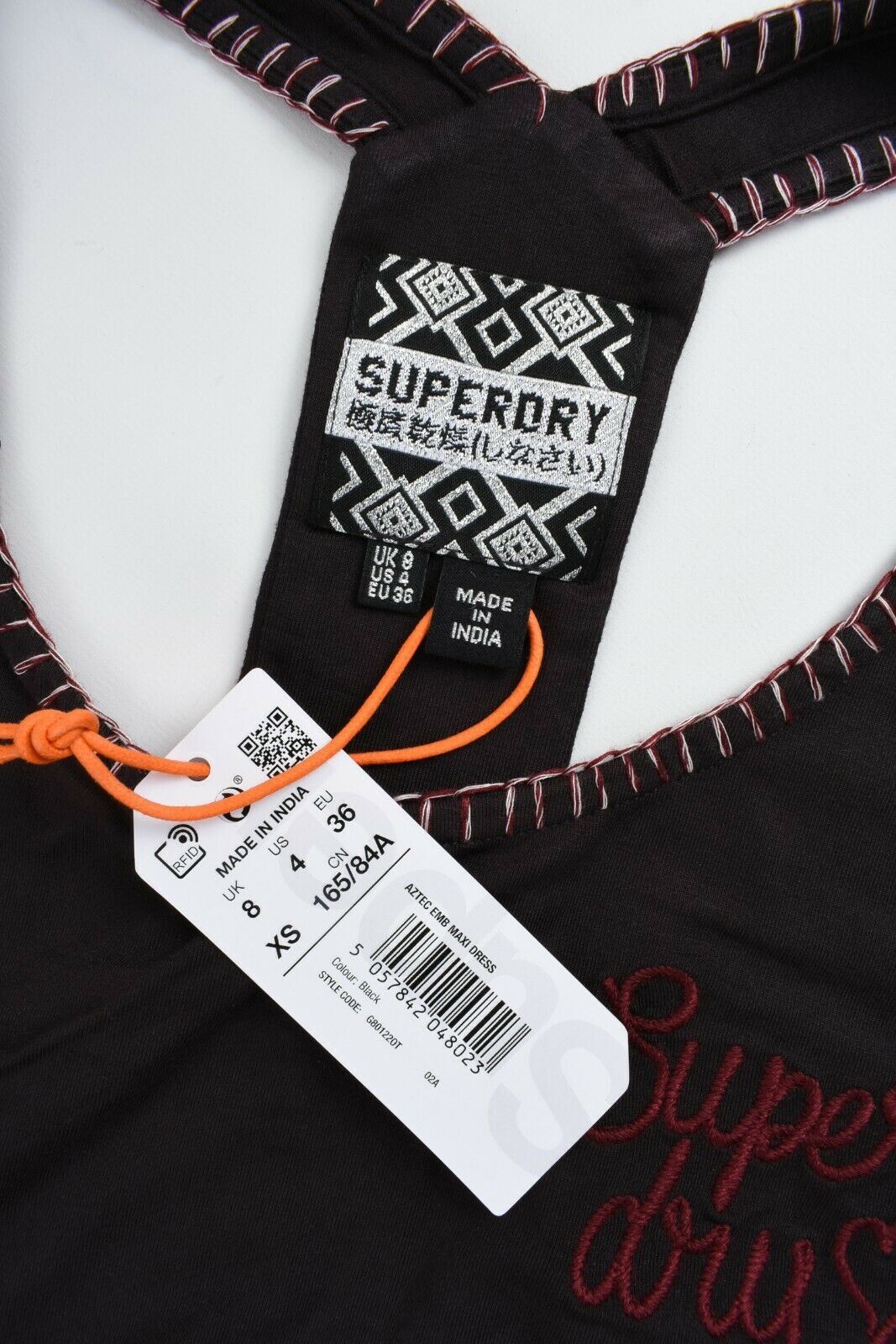 SUPERDRY Women's AZTEC Embroidery Black Maxi Dress, size XS UK 8