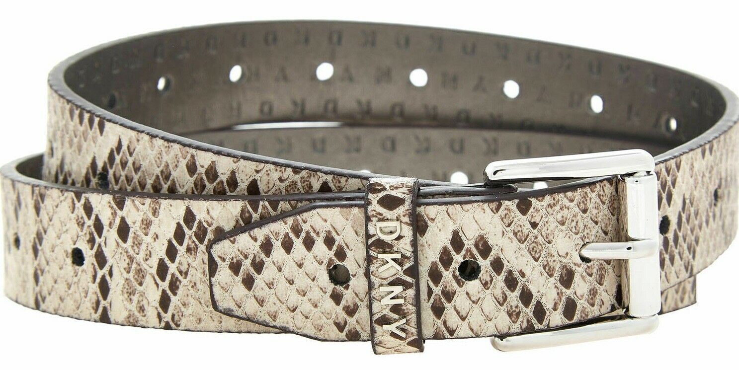 DKNY Women's Faux Leather Reptile Effect Belt, Beige/Natural, 1" wide, size L