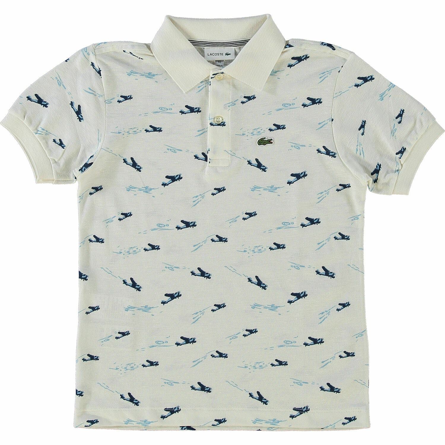 LACOSTE Boys' Kids' Linen Blend Polo Shirt, White/Blue Aeroplane Print, 10 years