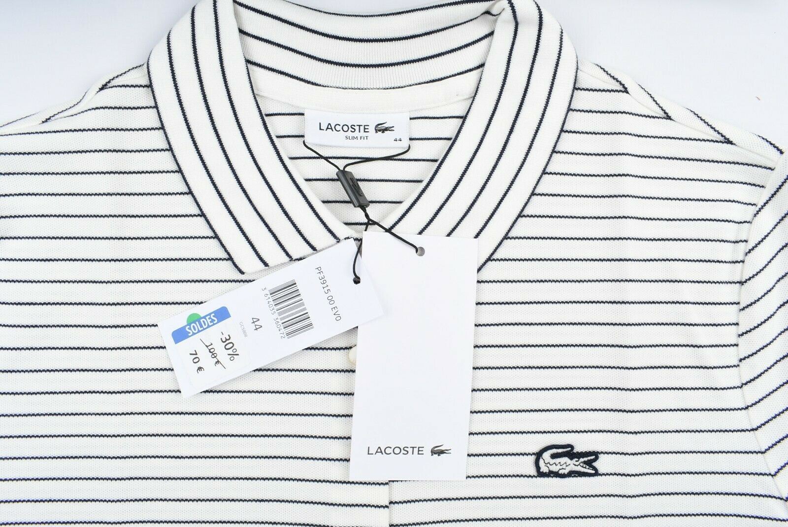 LACOSTE Womenâs Polo Shirt, SLIM FIT, Off-white/Navy Blue Striped, size UK 16