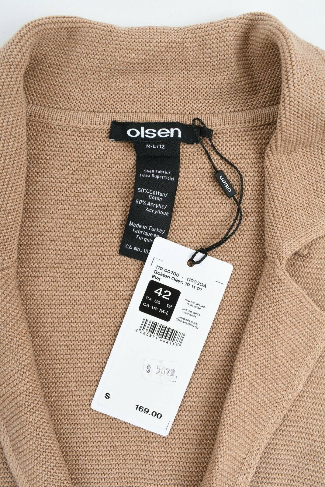 OLSEN Women's Button Up Cardigan, Tan Brown, size M to size L (M/L)