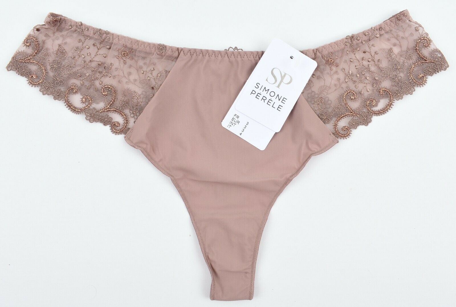 SIMONE PERELE Women's Lace Detail THONGS Knickers Taupe Brown, size M