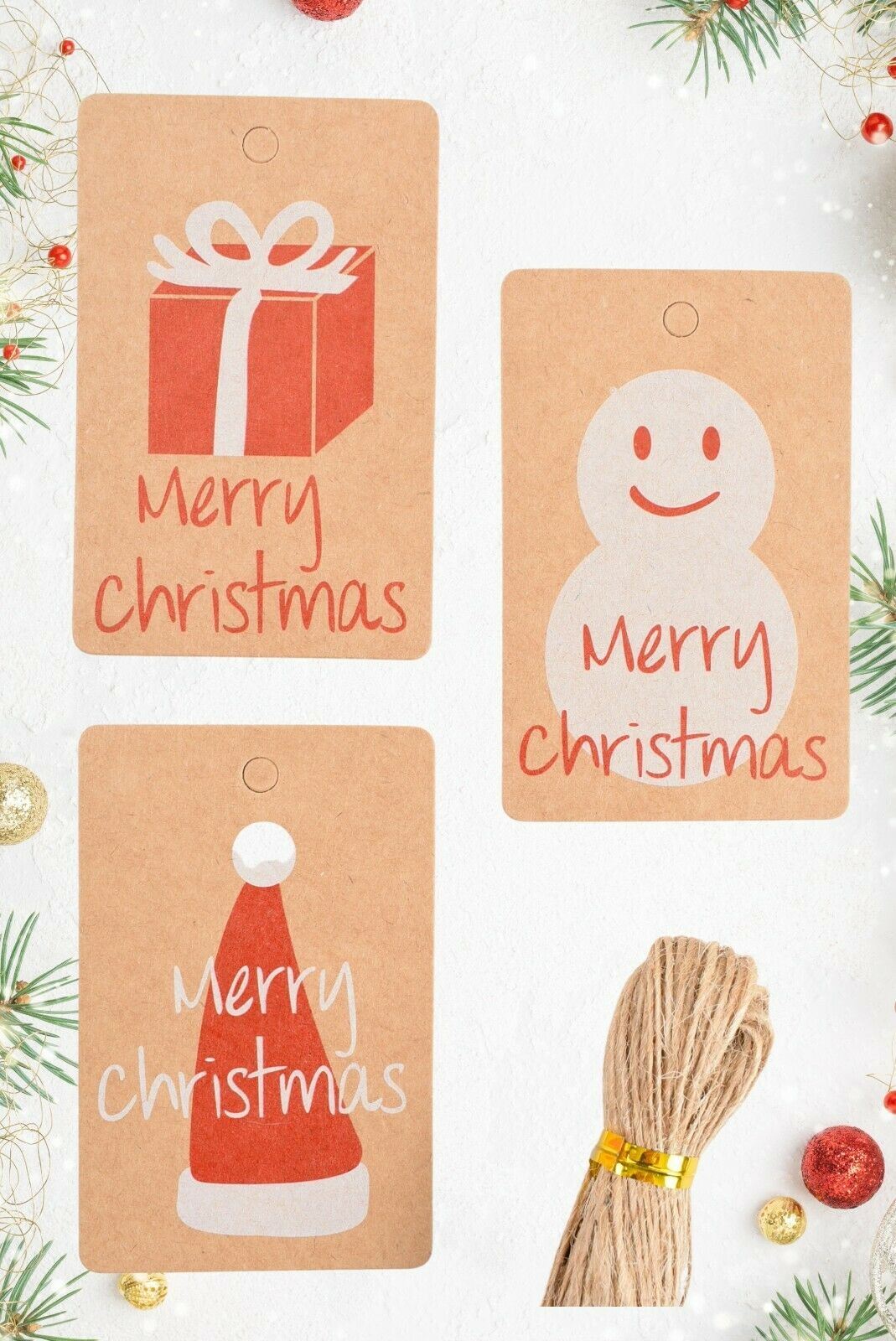 40pcs (4x10 Designs) Brown/Red Christmas Eco Gift Tags with Jute Strings 7x4.5cm