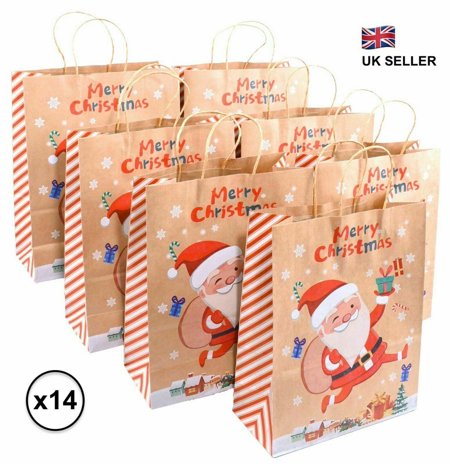 14Pcs Christmas Gift Bags ~ Brown Recyclable Kraft Paper Present Bags 33x26x12cm