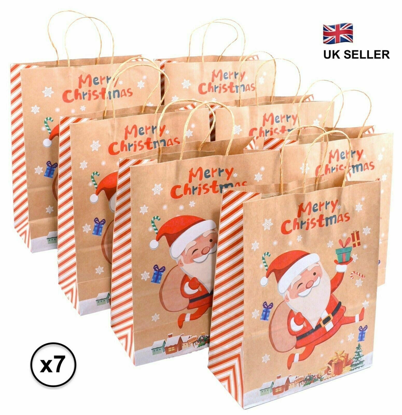 7Pcs Christmas Gift Bags ~ Brown Recyclable Kraft Paper Present Bags 33x26x12cm