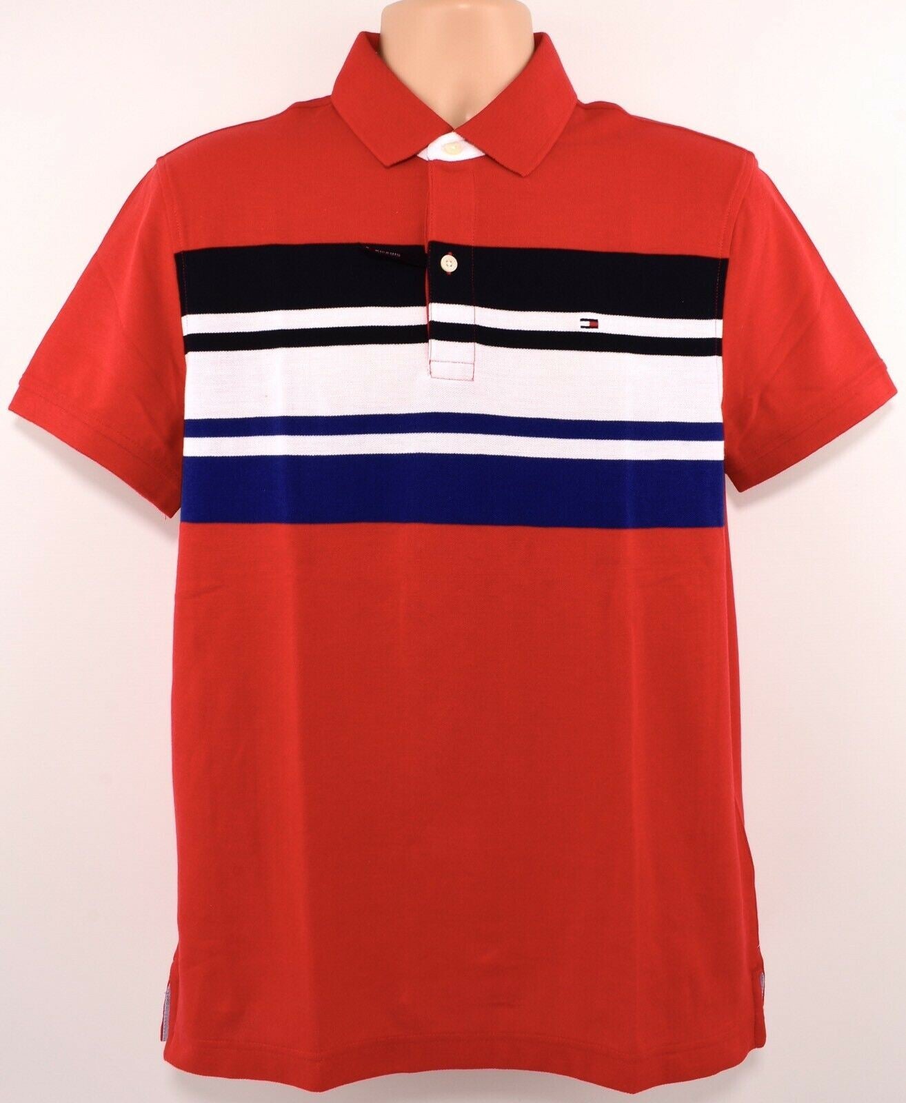 TOMMY HILFIGER Men's PERFORMANCE Polo Shirt, Red/Striped, size MEDIUM
