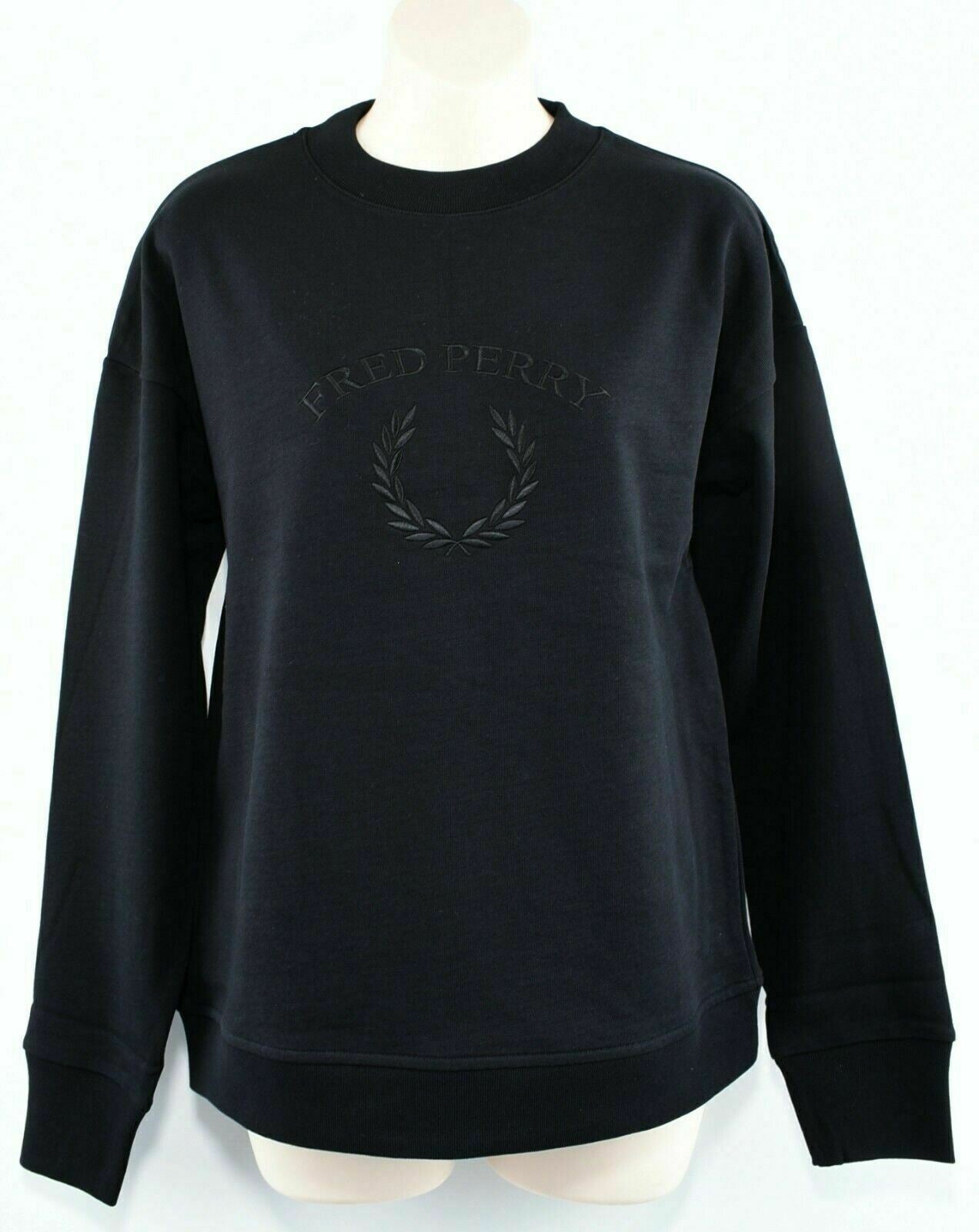 FRED PERRY Women's Black Embroidered Logo Cotton Jersey Sweatshirt, UK 10