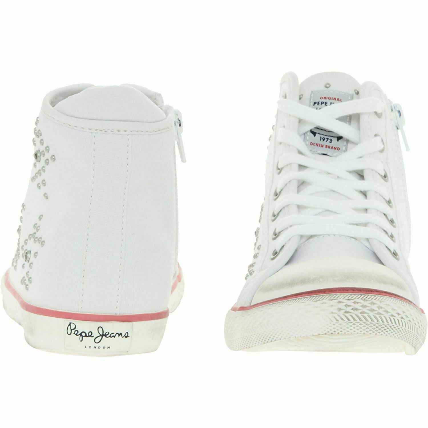 PEPE JEANS Girls' White Distressed Canvas Hi Top Trainers, size UK junior 4