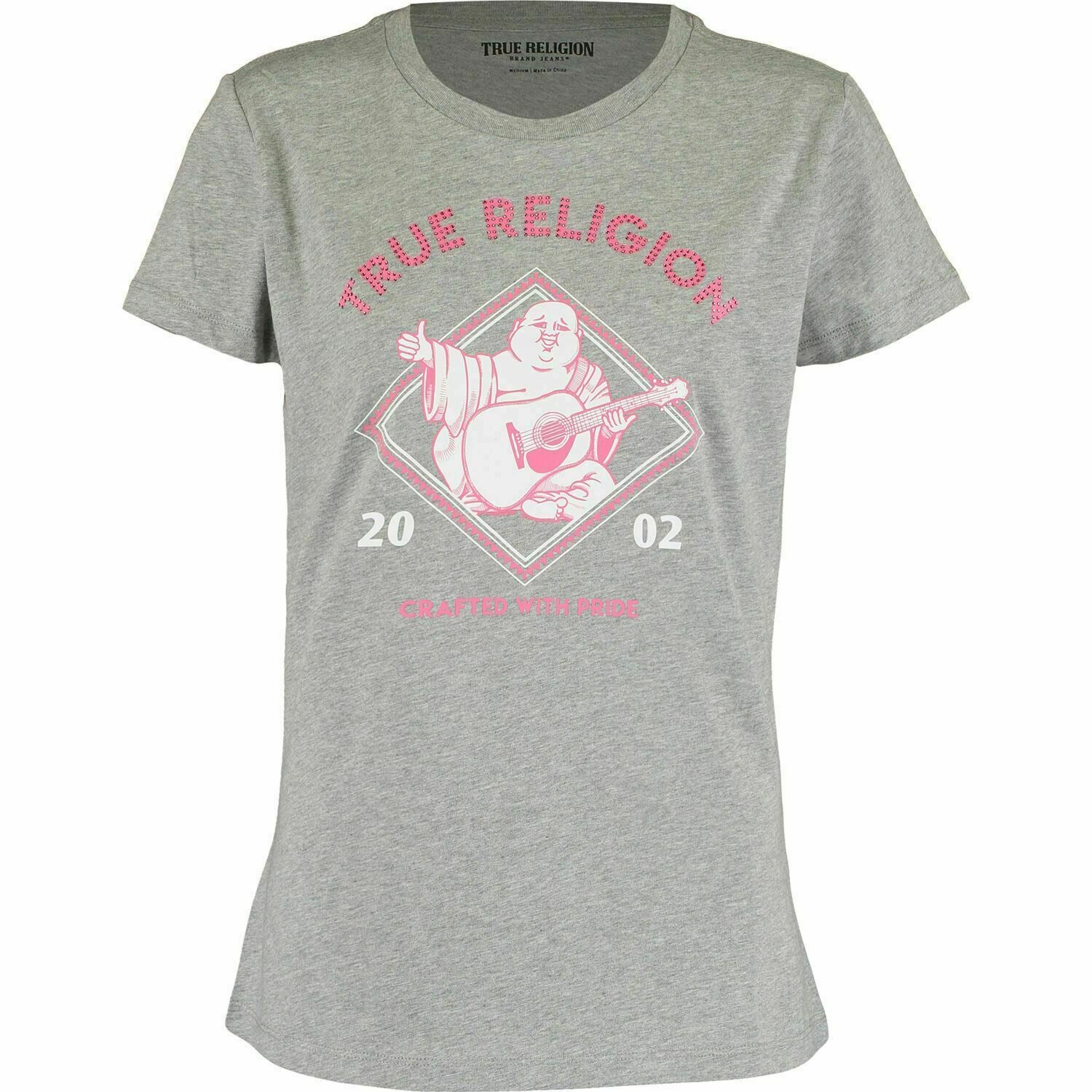 TRUE RELIGION Women's Short Sleeve Grey & Pink Buddha Print T-Shirt Top, size M