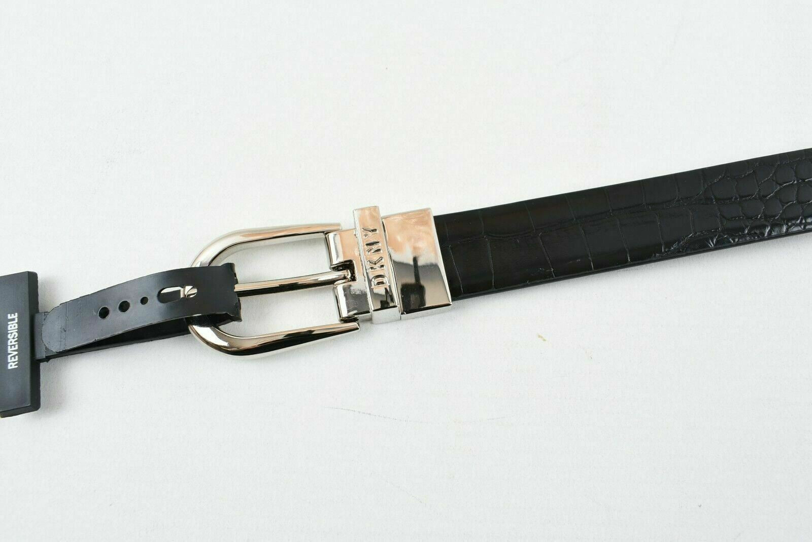 DKNY Women's Faux Leather Reversible Belt, Black Smooth/Moc Crock, size M