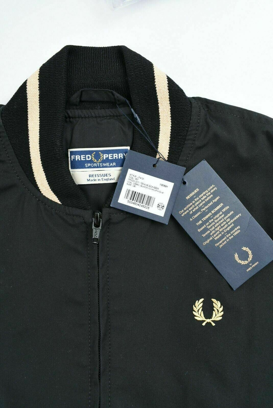 FRED PERRY Womens Tennis Bomber Jacket, Black/Champagne, size UK 8