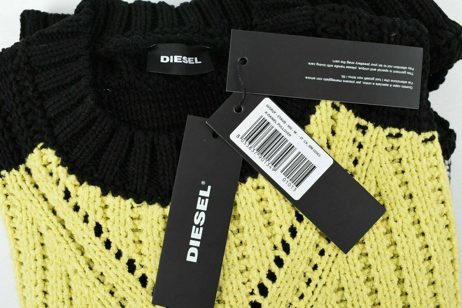 DIESEL Men's DANIEL Black & Yellow Striped Chunky Jumper Sweater, size M