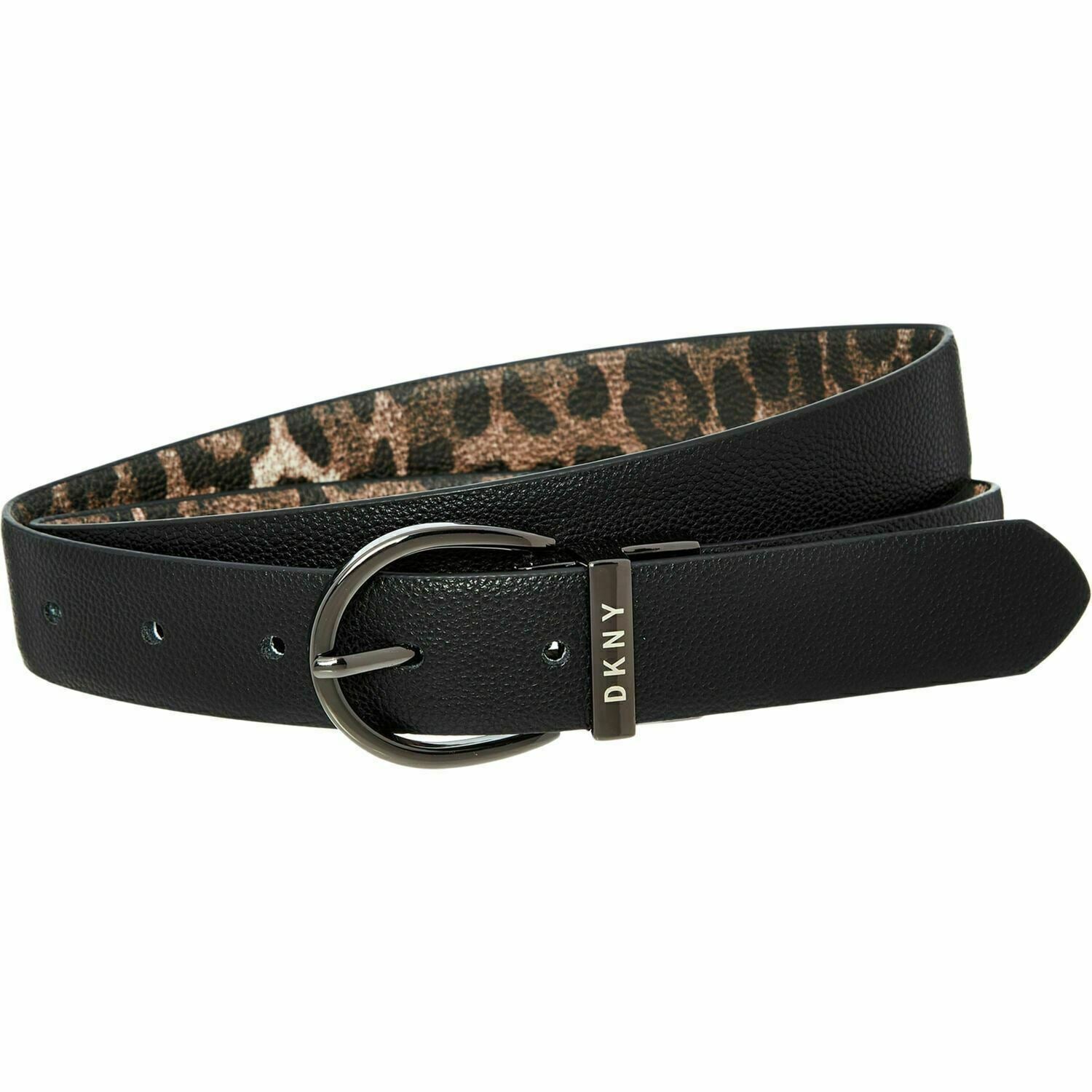 DKNY Women's Faux Leather Reversible Belt, Black /Leopard Print, 1" wide, size L