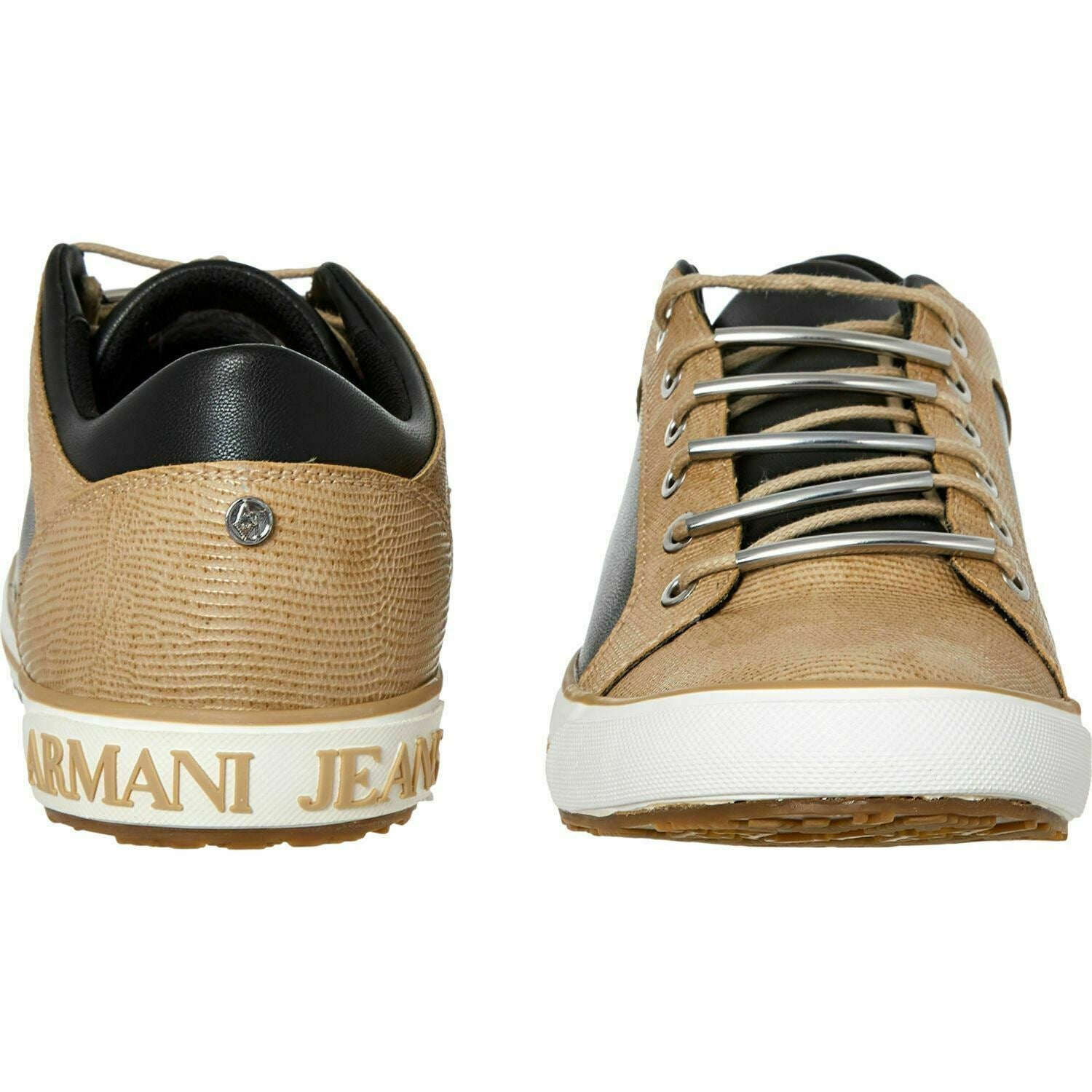 ARMANI JEANS Women's Reptile Effect Trainers Sneakers, Beige/Black, UK 6 EU 39
