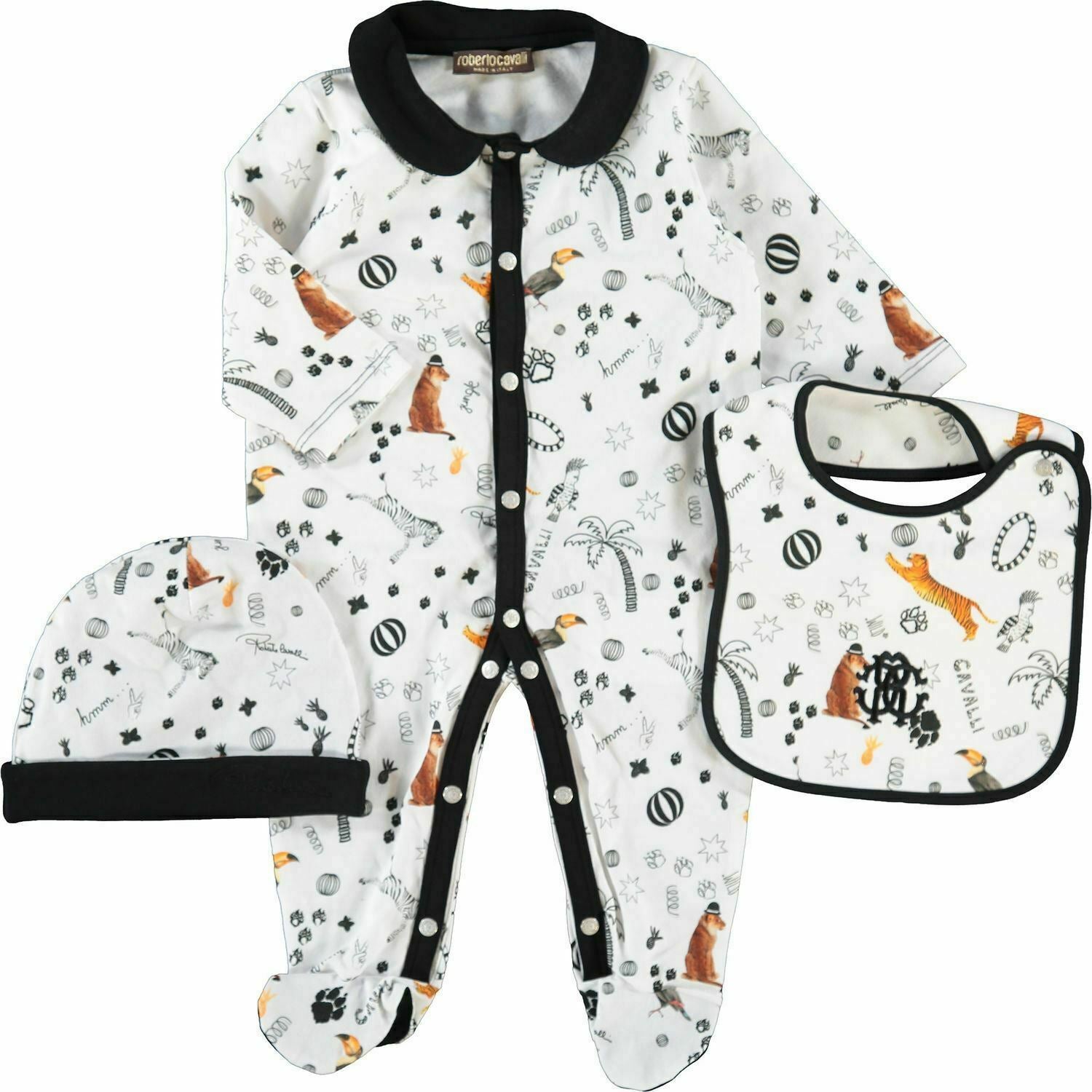 ROBERTO CAVALLI Baby Boys 3pcs White Safari Print Bodysuit Gift Set, 6 m /9 m