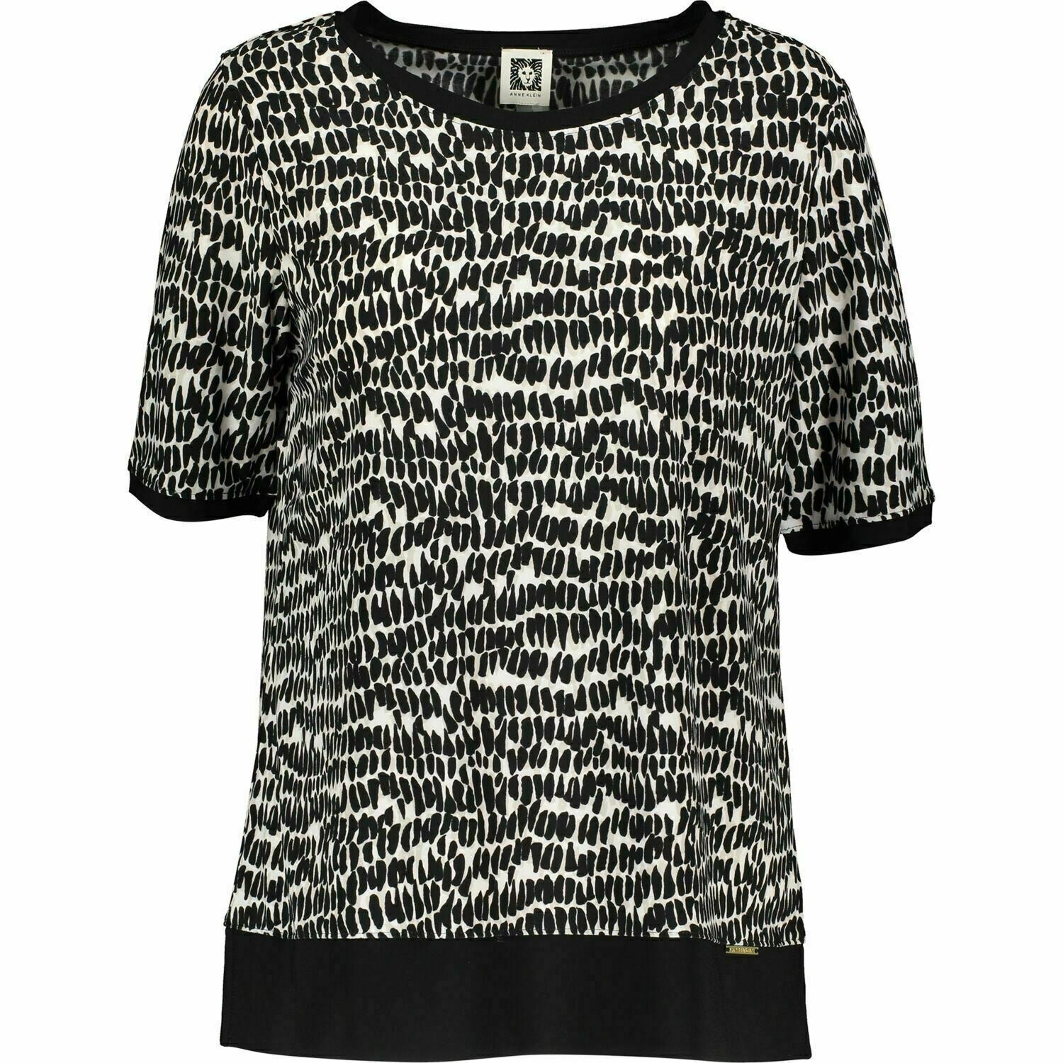 ANNE KLEIN Women's Monochrome Abstract Short Sleeve Top, Black, size SMALL