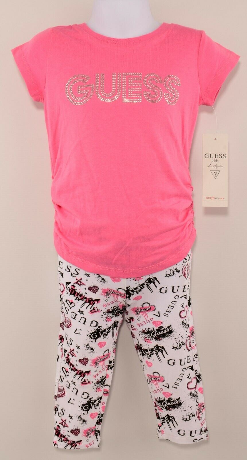 GUESS Girls' 2pc Adorable Summer Outfit, Top & Leggings, Pink/White, 4 years