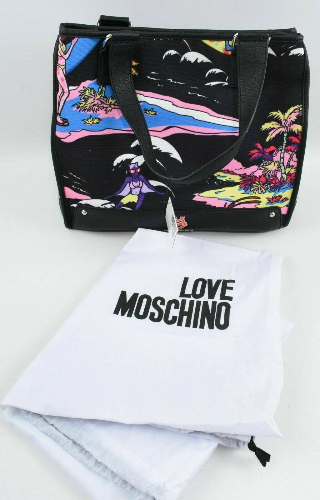 RARE !!! MOSCHINO - ALOHA Canvas Women's Tote Bag, Handbag, Black/Multi