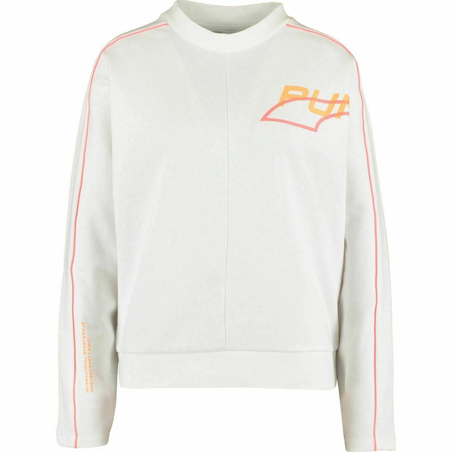 PUMA Women's EVIDA Crew Sweatshirt, White/Neon Logo, size L