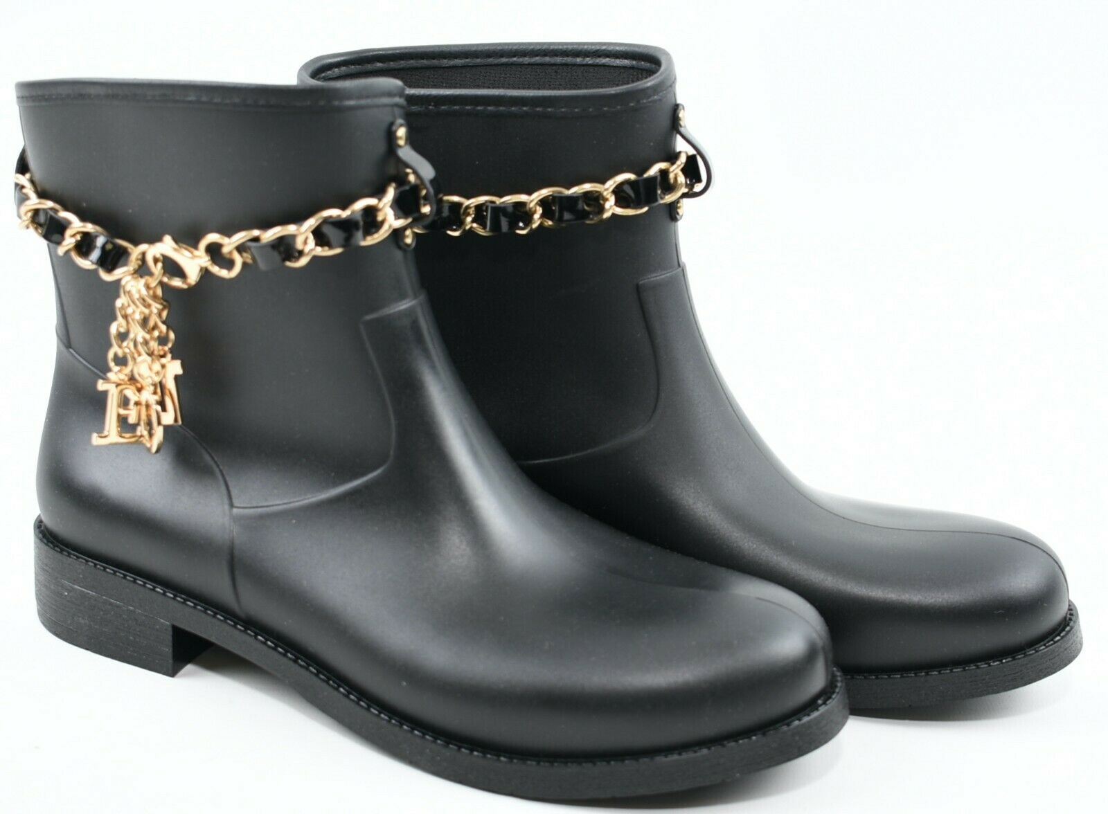 LOVE MOSCHINO Women's Black Welly Boots, Gold Chain & "Love" Charms, size UK 5