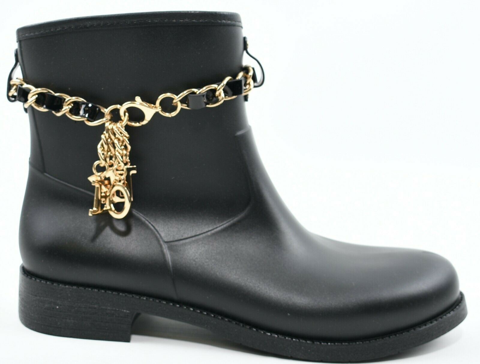 LOVE MOSCHINO Women's Black Welly Boots, Gold Chain & "Love" Charms, size UK 5