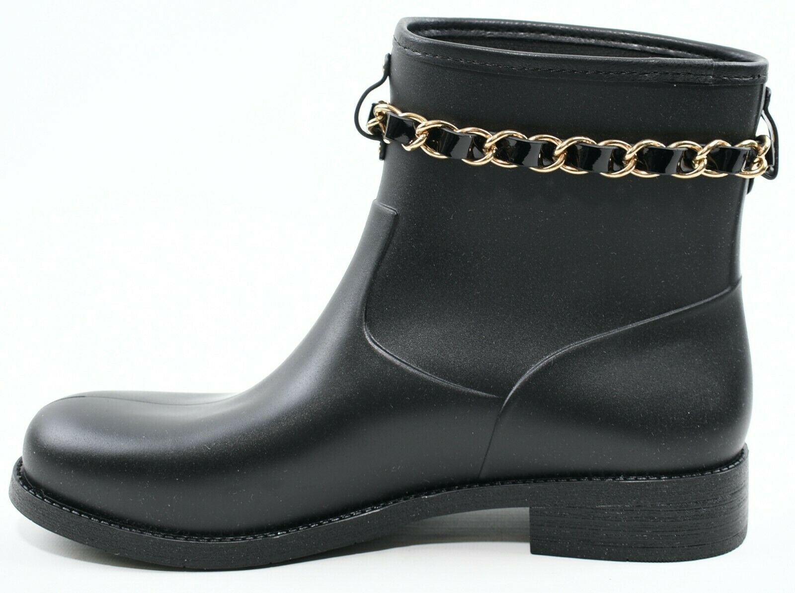 LOVE MOSCHINO Women's Black Welly Boots, Gold Chain & "Love" Charms, size UK 5