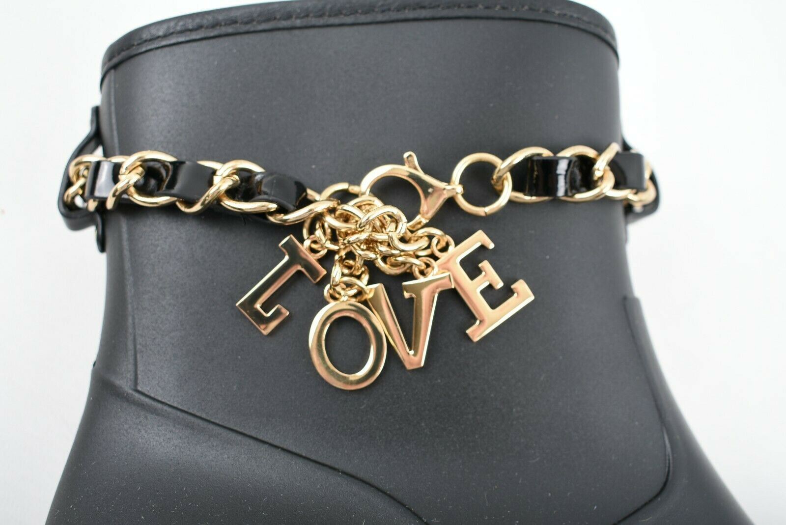 LOVE MOSCHINO Women's Black Welly Boots, Gold Chain & "Love" Charms, size UK 5