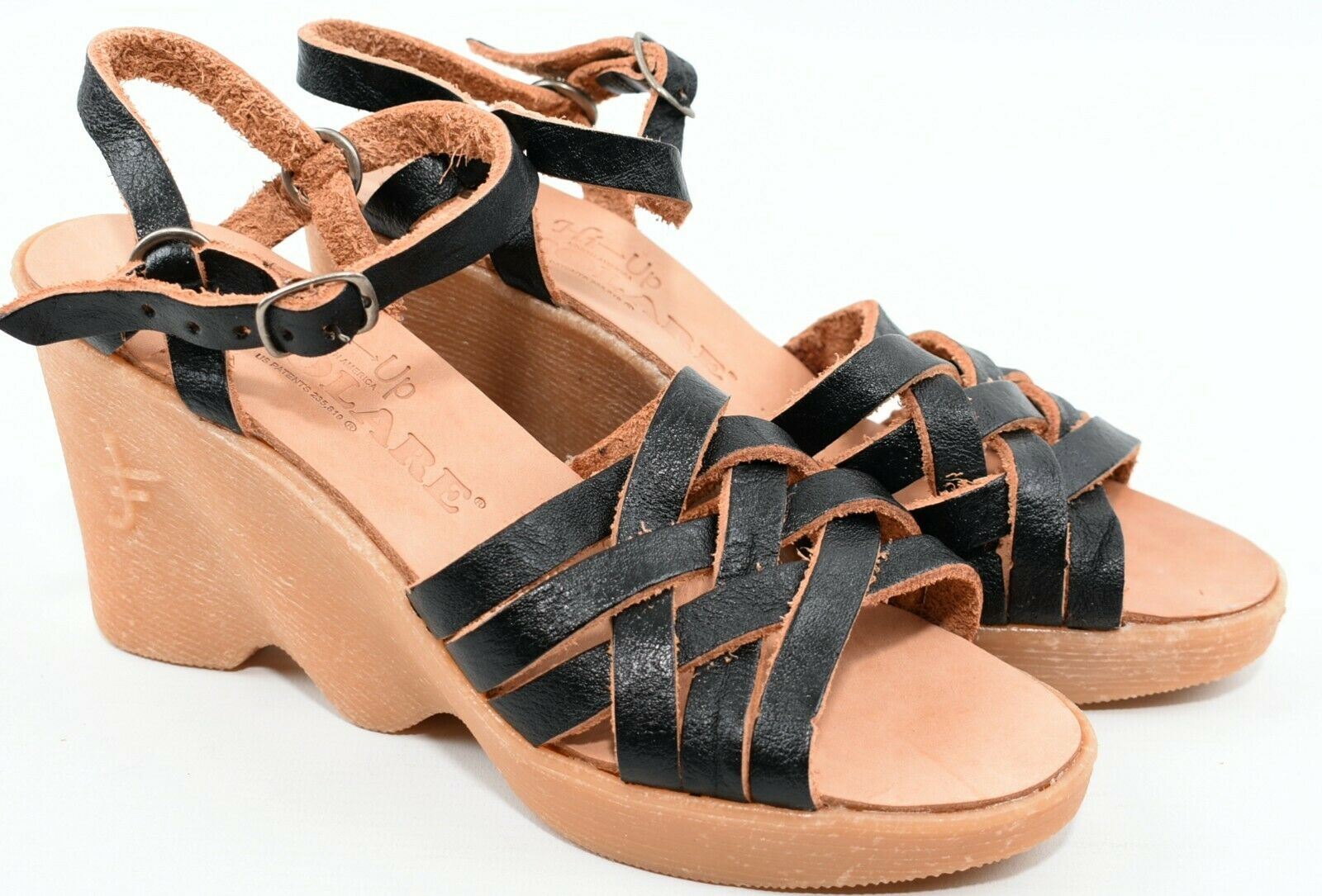 FAMOLARE Women's Black Genuine Leather Wedge Sandals, size UK 4.5