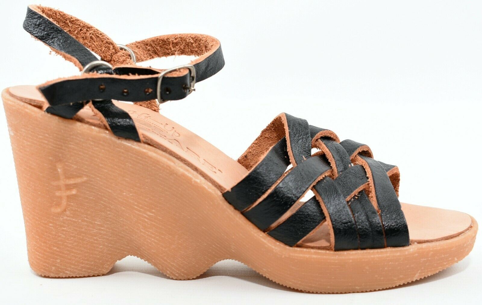 FAMOLARE Women's Black Genuine Leather Wedge Sandals, size UK 4.5