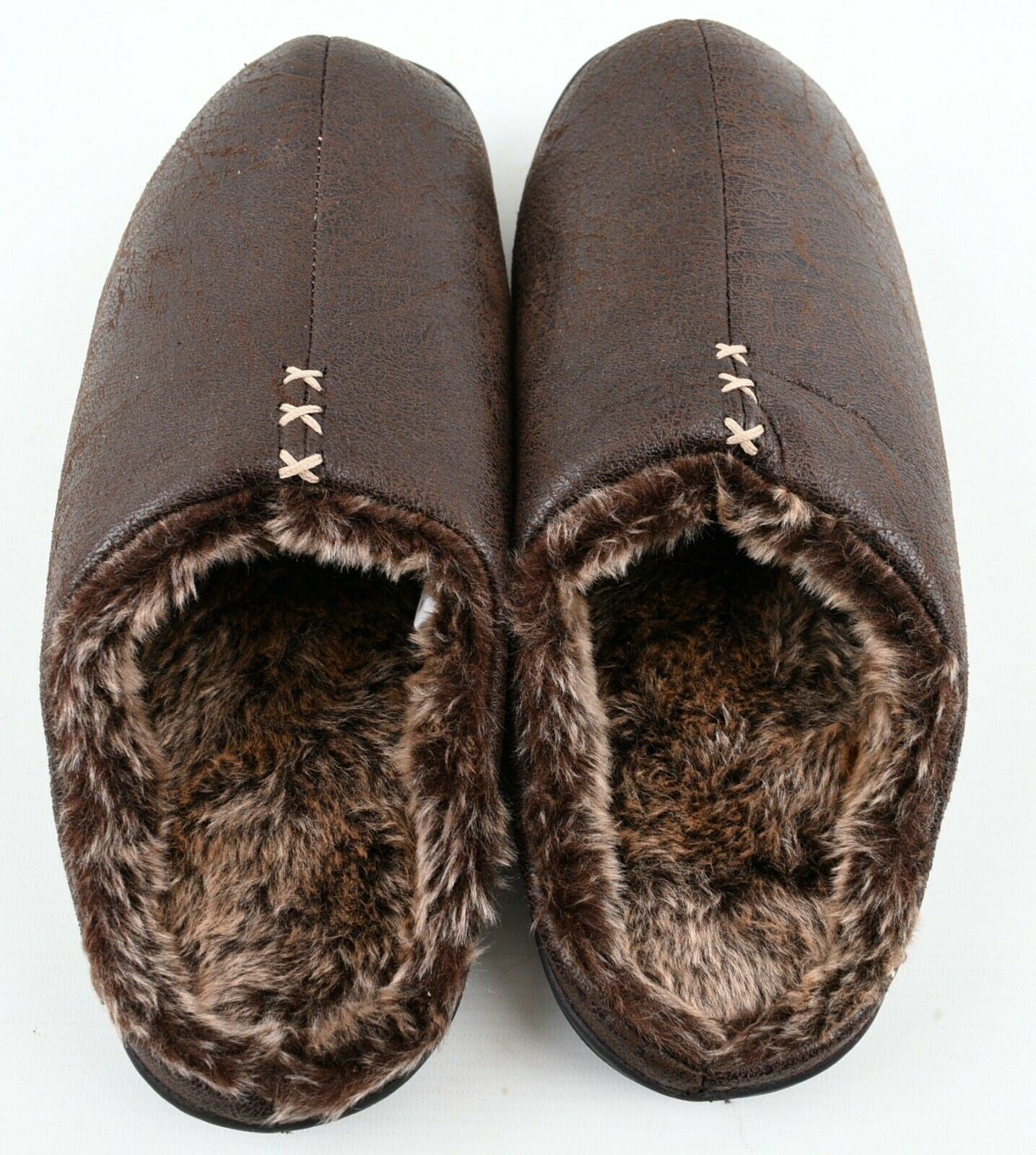 TOTES Men's Faux Fur Memory Foam Mule Slippers, Dark Brown, size UK 10