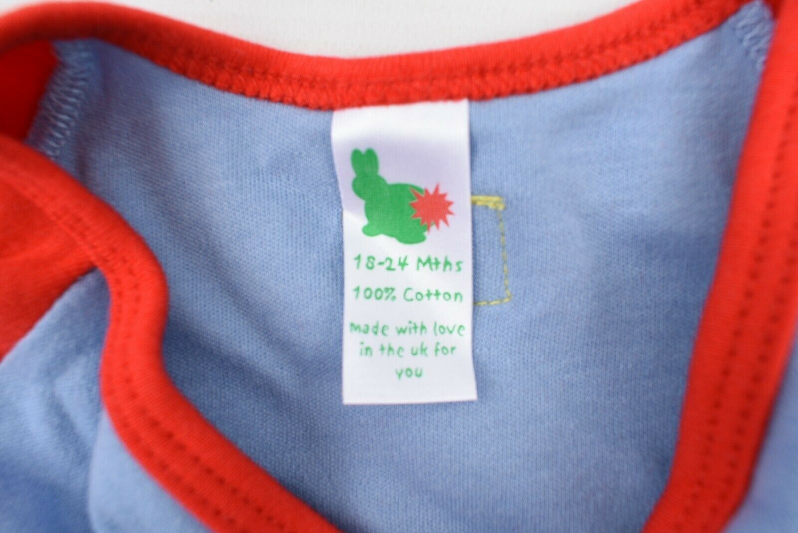 GREEN RABBIT Baby Wrap Around Cotton Top, Red/Blue, MADE IN UK size 18-24 months