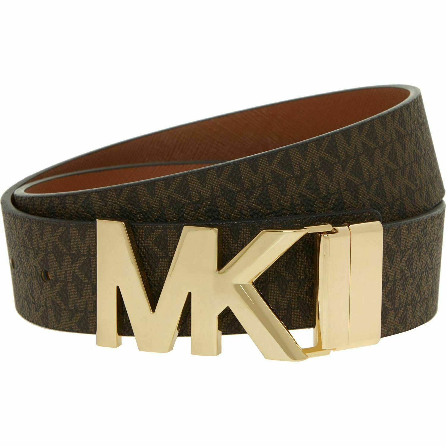 MICHAEL KORS Women's REVERSIBLE Monogram Belt, Chocolate/Tan, size MEDIUM