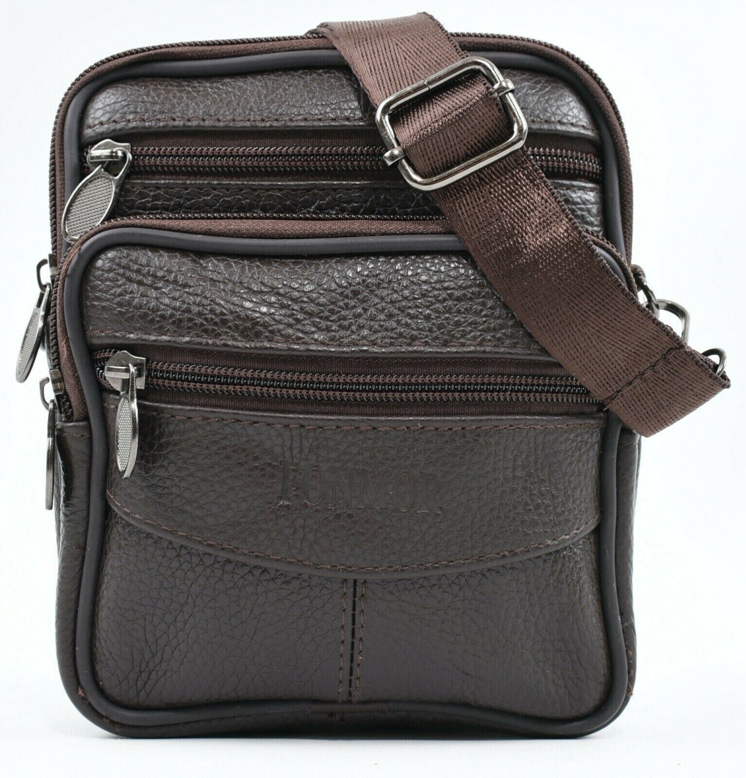 Men's Genuine Cowhide Leather Messenger Bag /Crossbody /Waist Bag, Dark Brown