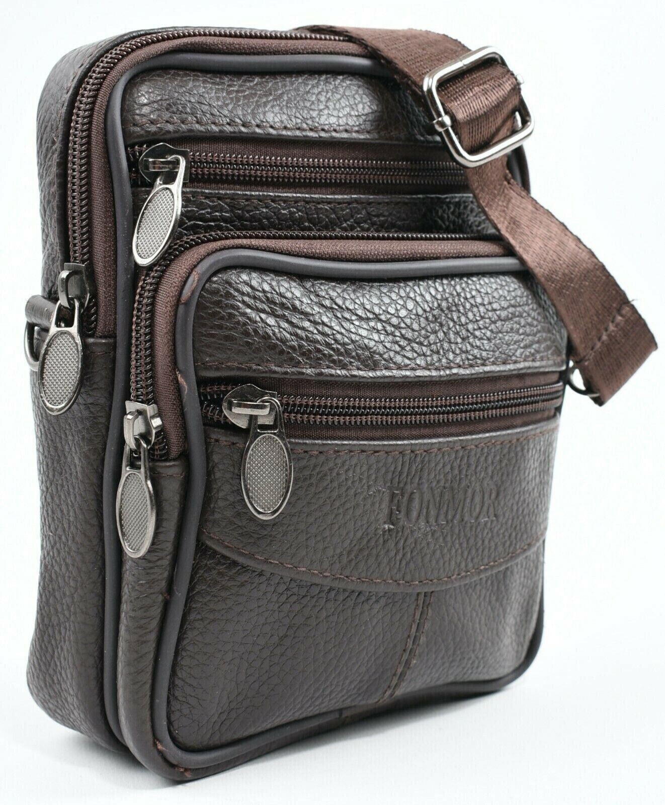 Men's Genuine Cowhide Leather Messenger Bag /Crossbody /Waist Bag, Dark Brown