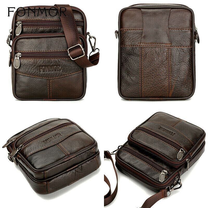 Men's Genuine Cowhide Leather Messenger Bag Crossbody, Dark Brown